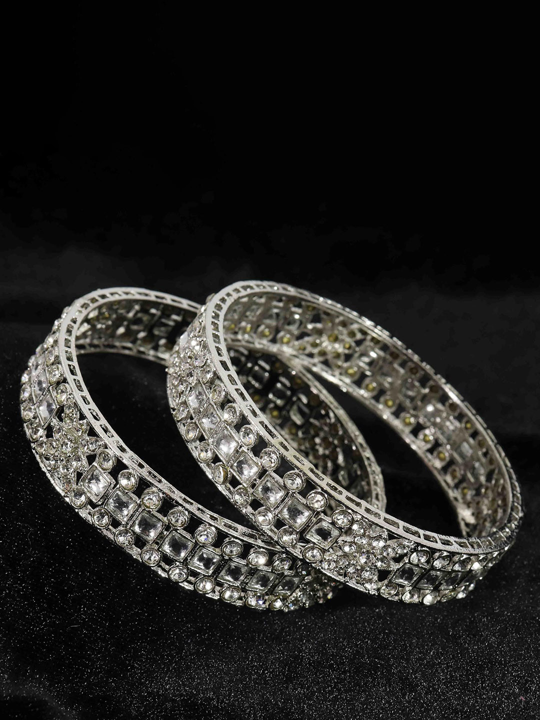 

ZULKA Set of 2 Silver Plated Artificial Stones and Beads Studded Bangles
