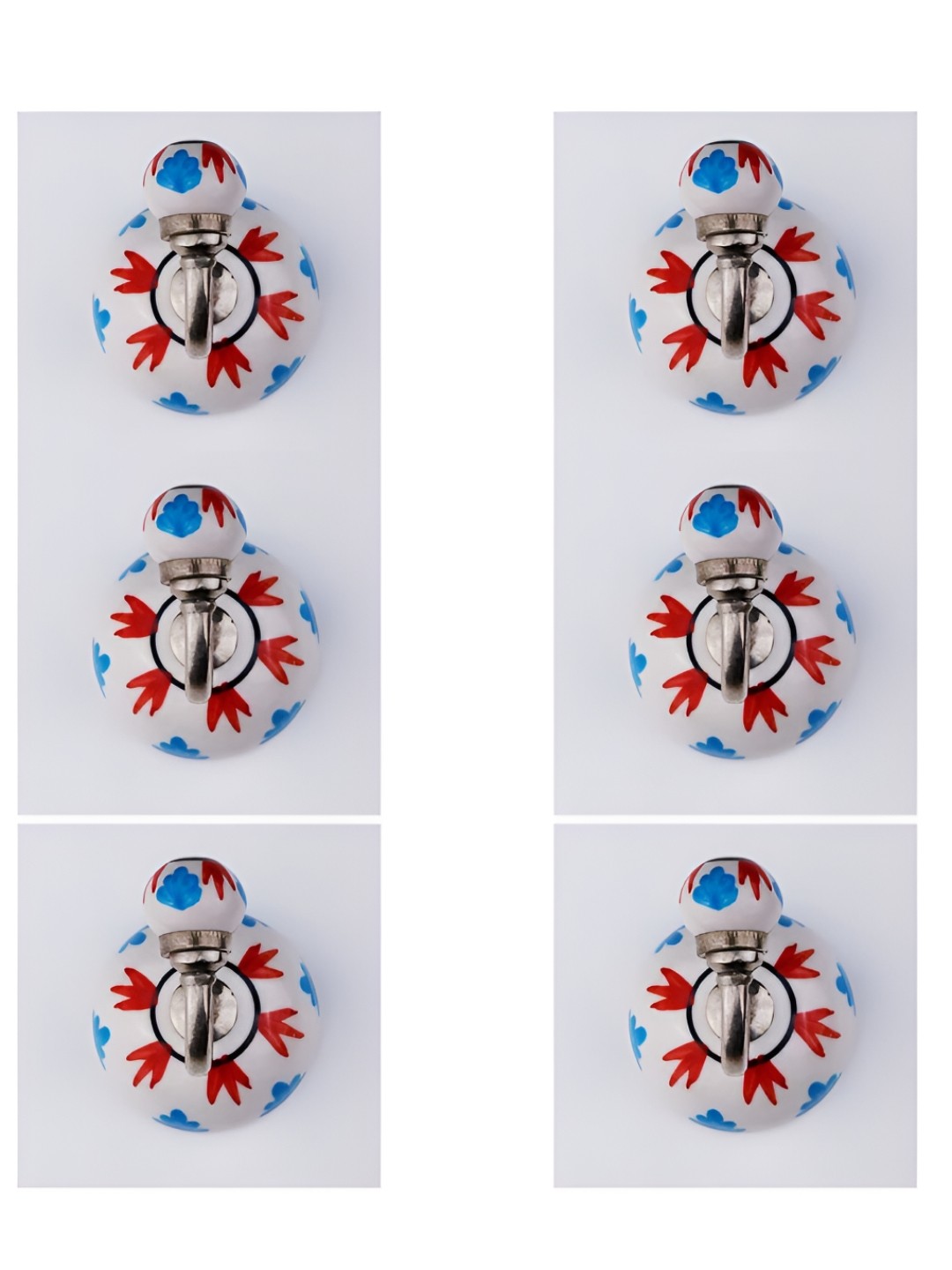 

IndianShelf White & Red 6 Pcs Floral Printed Ceramic Wall Hooks