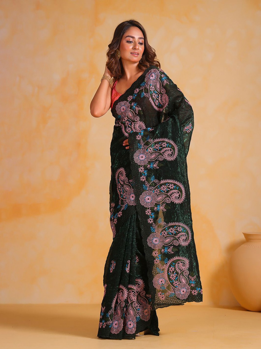 

Anouk Ethnic Motifs Embroidered Silk Blend Saree, Green