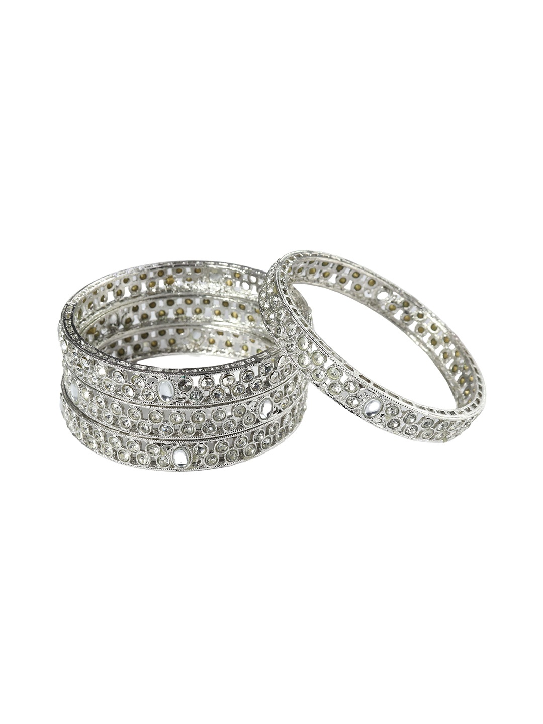 

ZULKA Set Of 4 CZ & AD Stone Studded Bangles, Silver