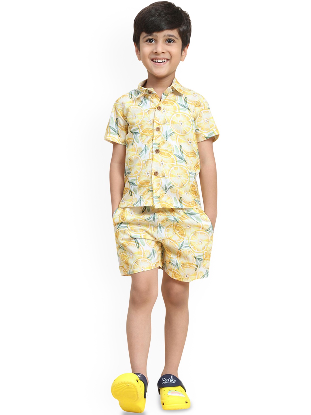 

Funny Bones Clothings Boys Printed Short Sleeves Linen Shirt With Shorts, Yellow