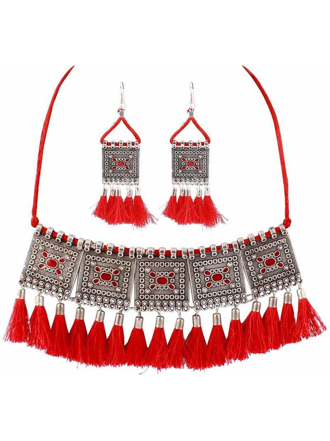 

SUNHARI Silver-Plated Stone Studded Necklace & Earrings