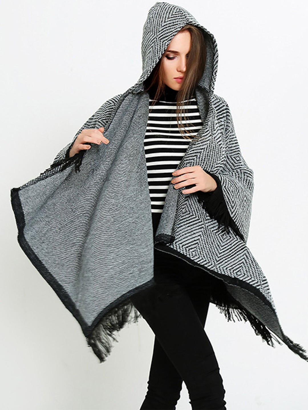 

LULU & SKY Woven Design Hooded Reversible Shrug, Grey