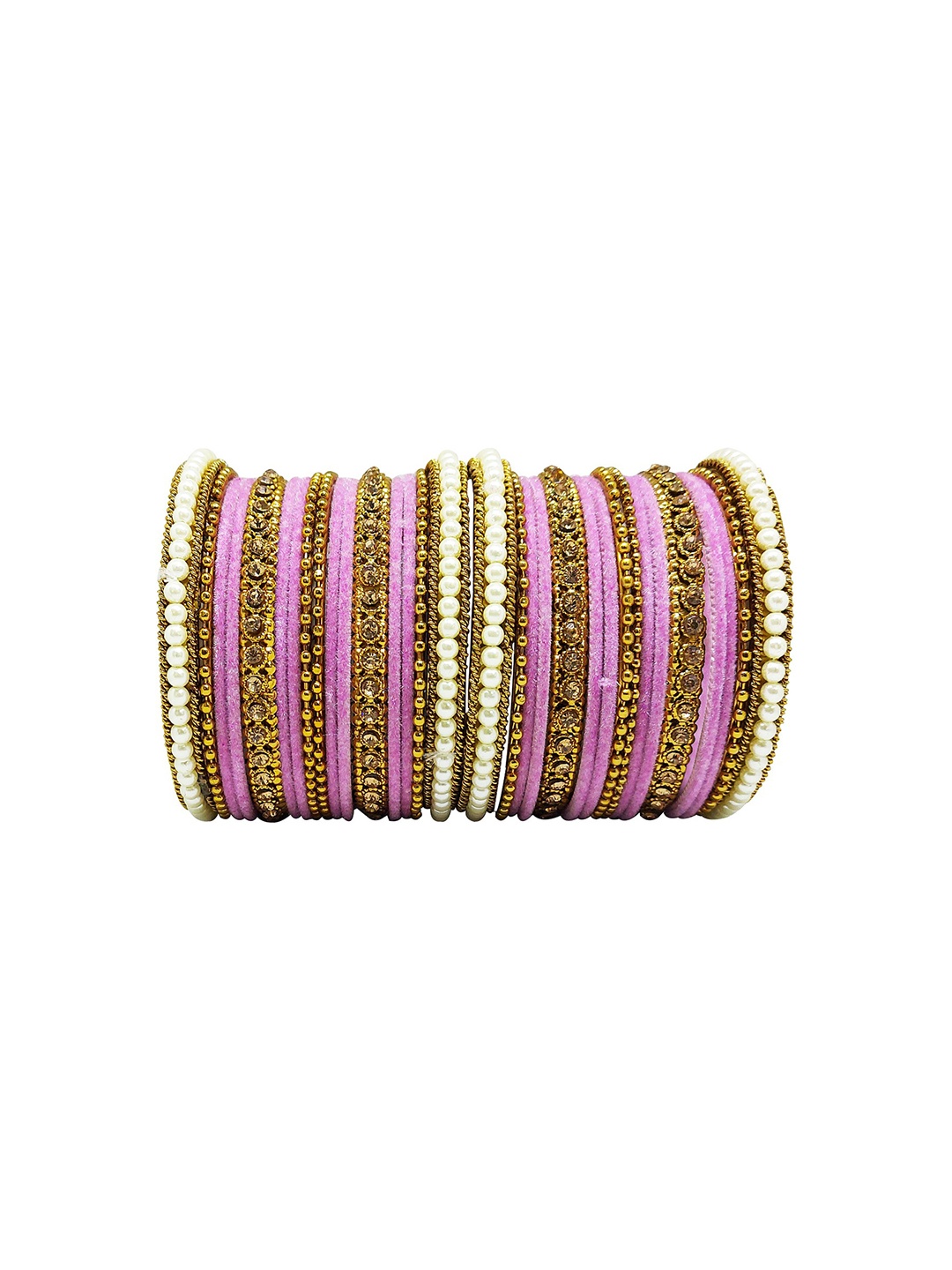 

CHRISHAN Set Of 32 Stones Studded Beaded Velvet Bangles, Gold