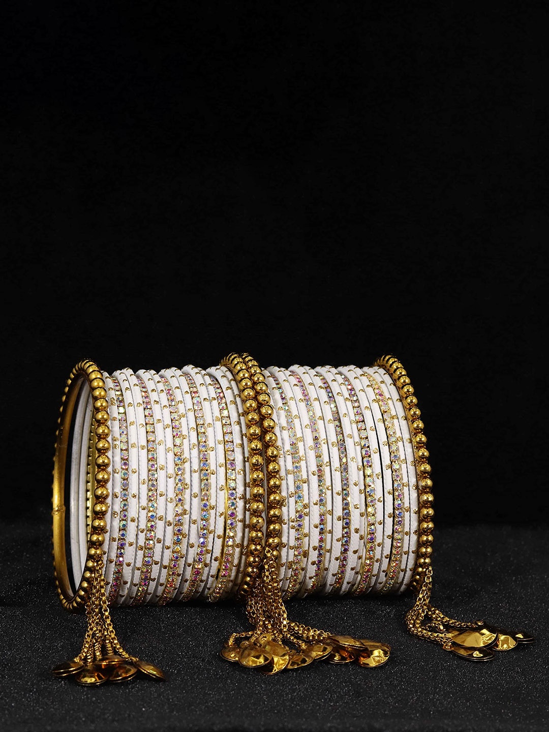 

Set of 42 Non-Precious Metal with Base Metal Zircon Gemstone Studded Velvet Bangle, Peach