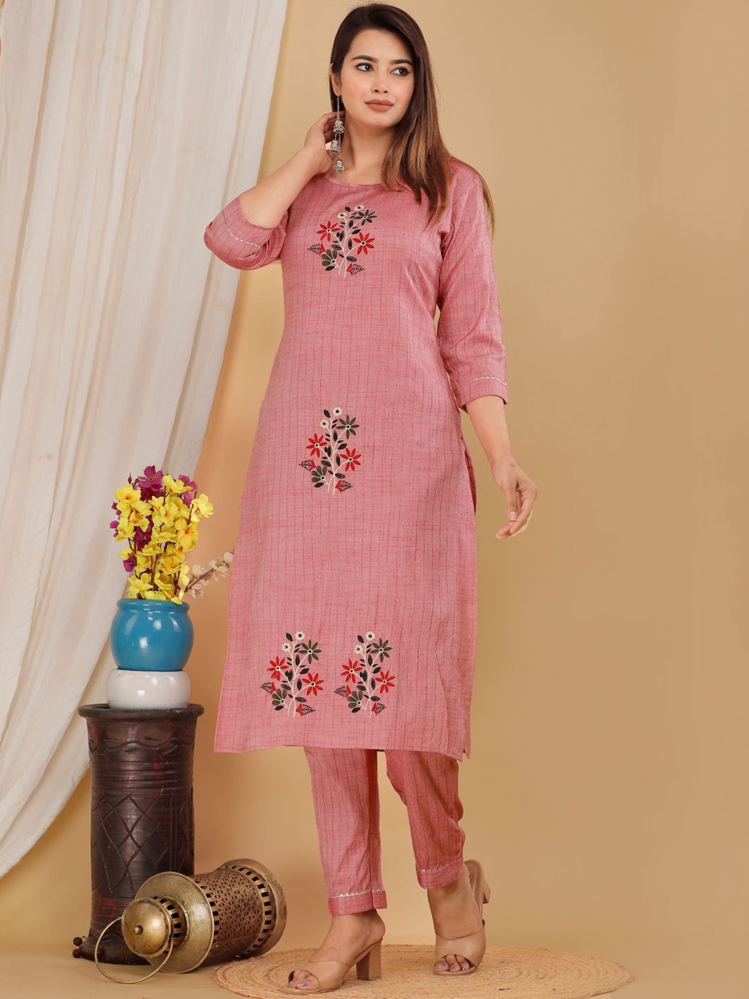 

Mehsoos Women Floral Embroidered Regular Thread Work Pure Cotton Kurta with Trousers, Peach