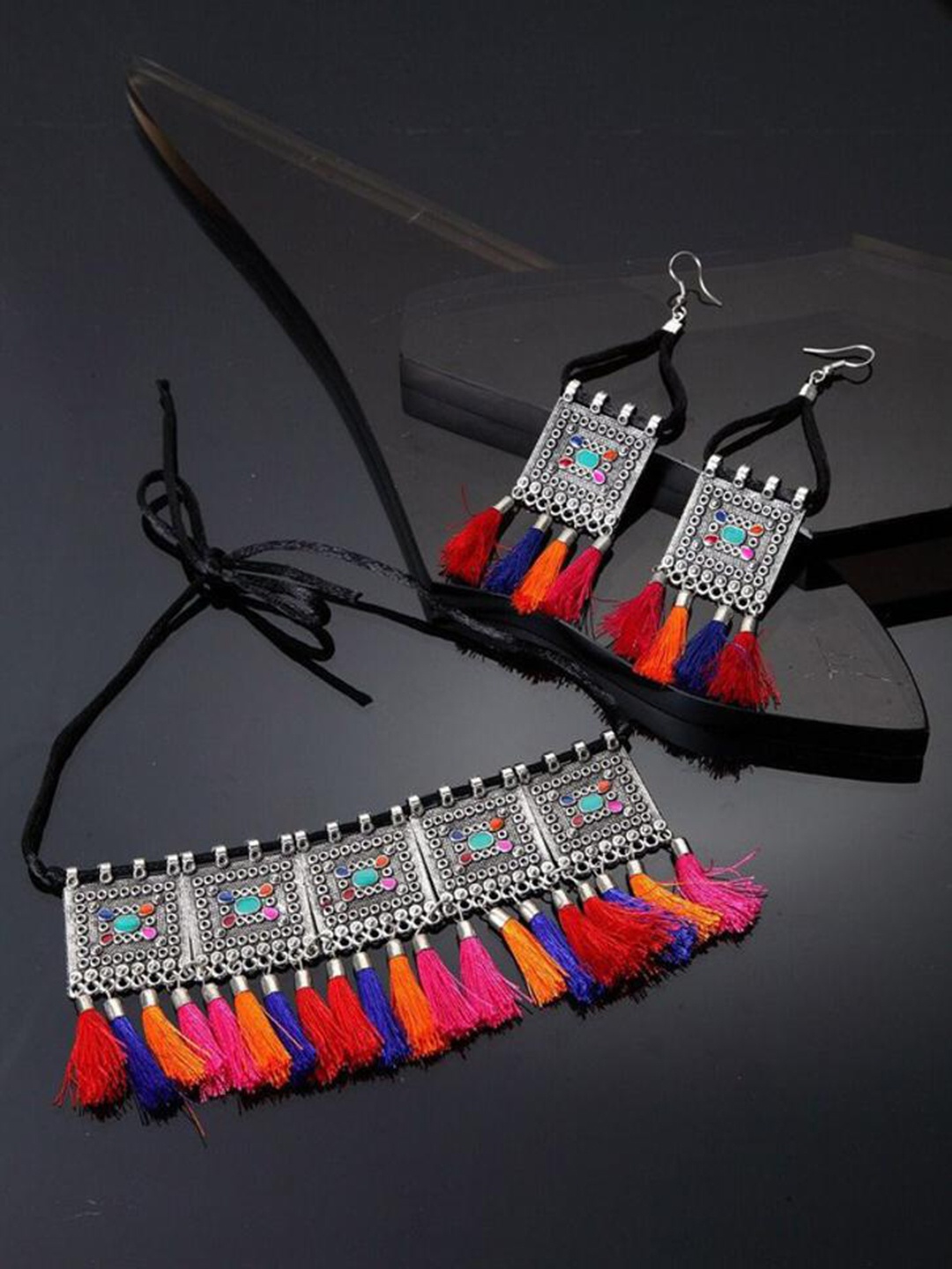 

SUNHARI Silver-Plated Artificial Stones Tassels Jewellery Set