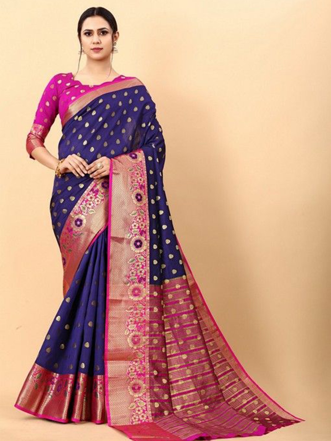 

VARNI FABRICS Ethnic Motifs Woven Design Zari Pure Silk Saree, Navy blue