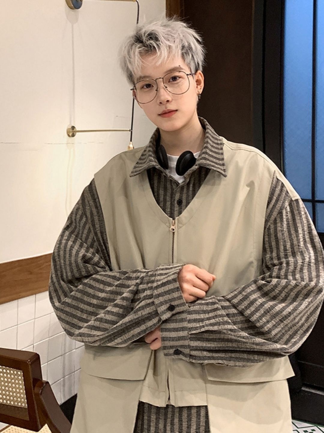 

HERE&NOW Men Original Striped Oversized Casual Shirt, Khaki