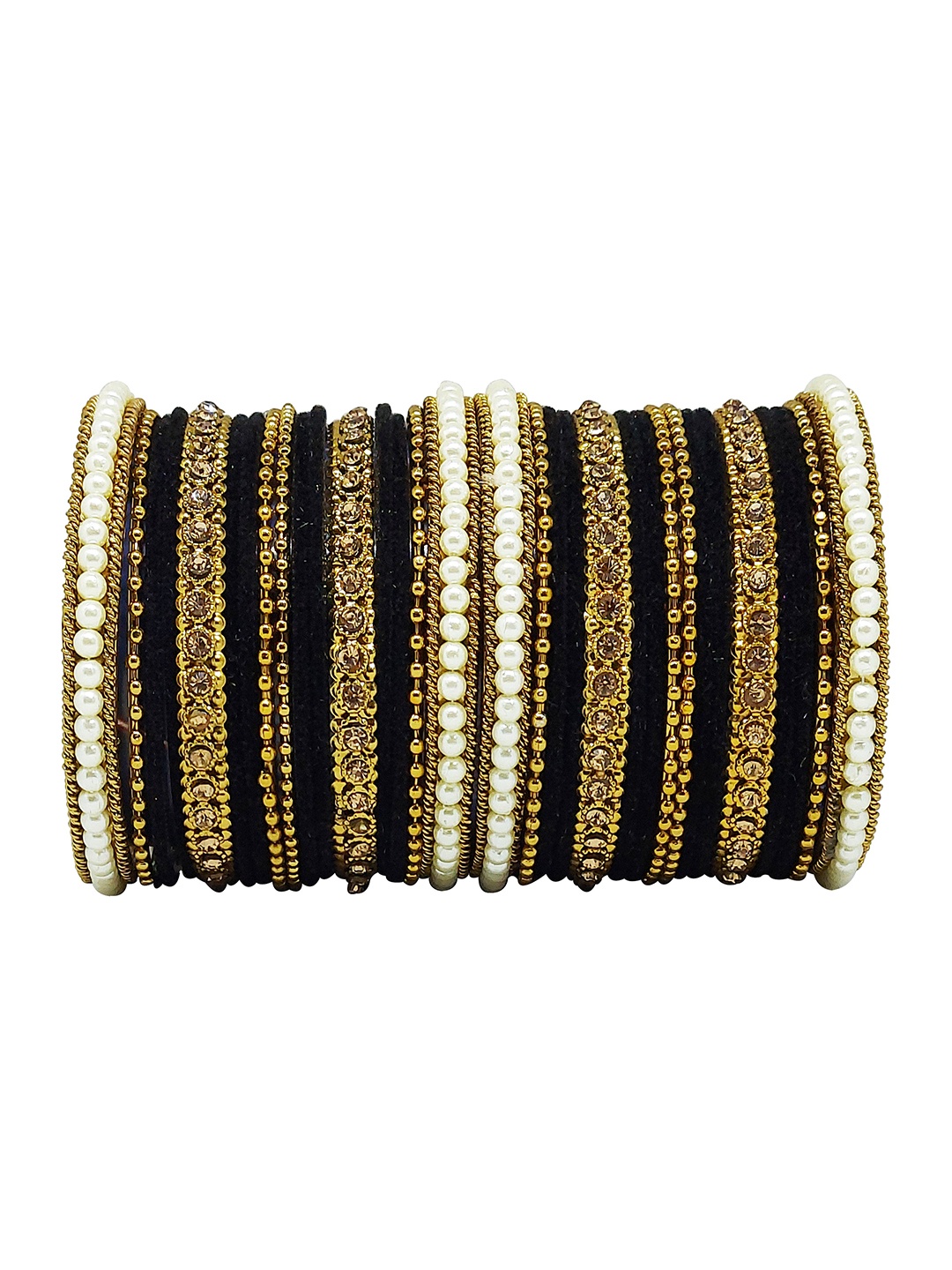 

CHRISHAN Set Of 32 Stone-Studded & Beaded Fabric Bangles, Black