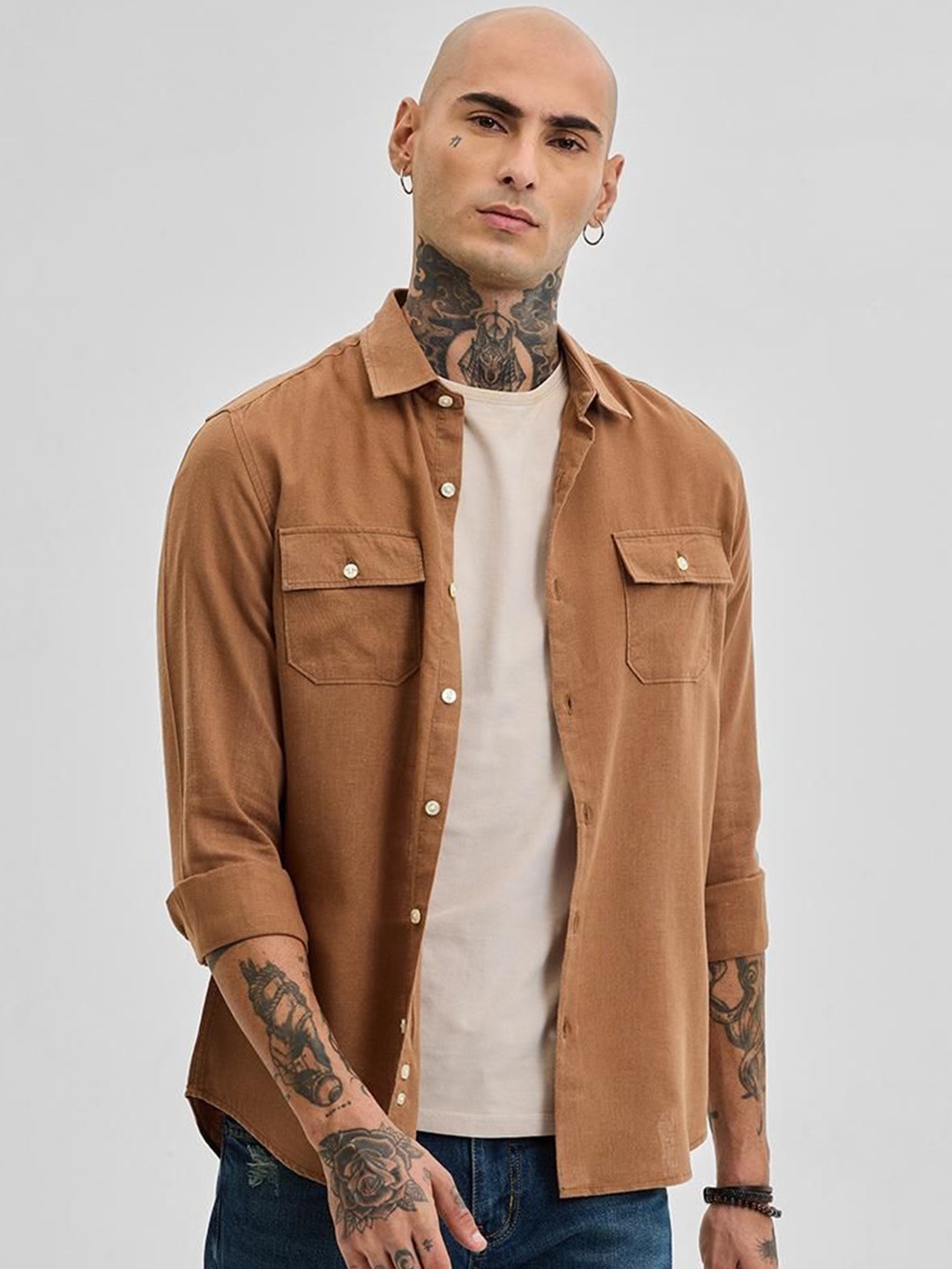 

Snitch Men Relaxed Spread Collar Solid Linen Casual Shirt, Brown