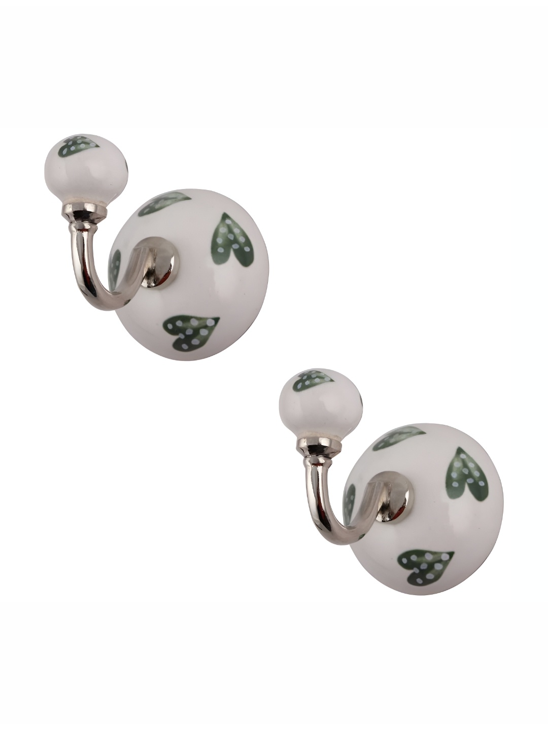 

IndianShelf White & Green 2 Pcs Heart Printed Ceramic Wall Hooks