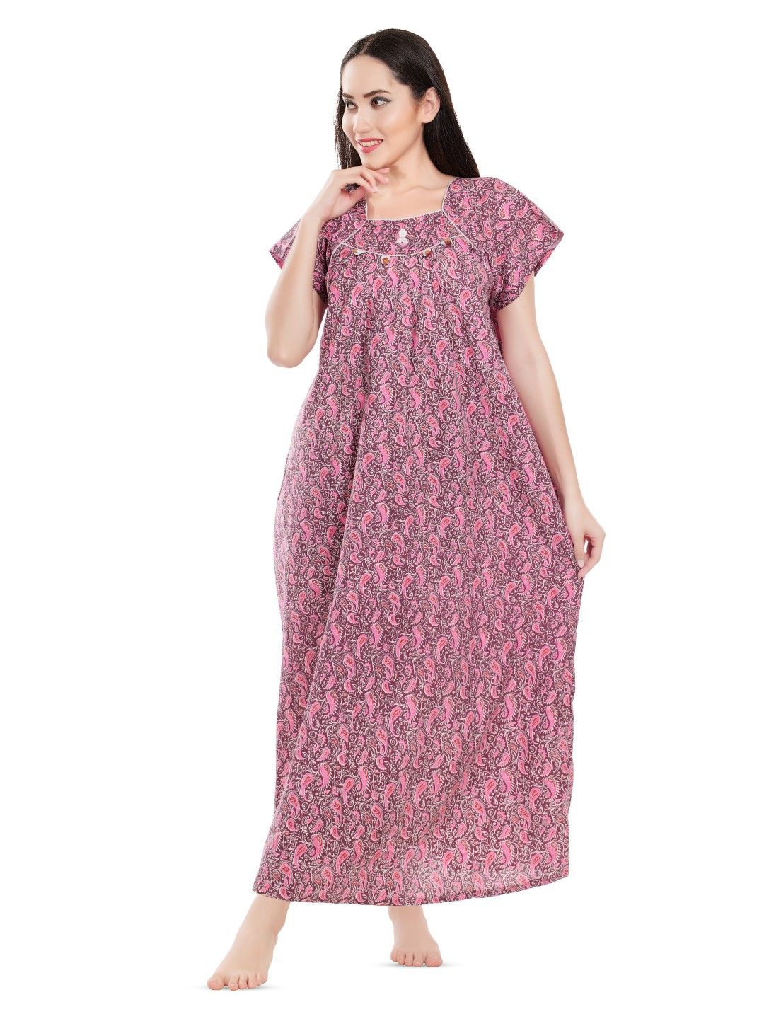 

Zionity Women Square Neck Floral Printed Maxi Nightdress, Pink