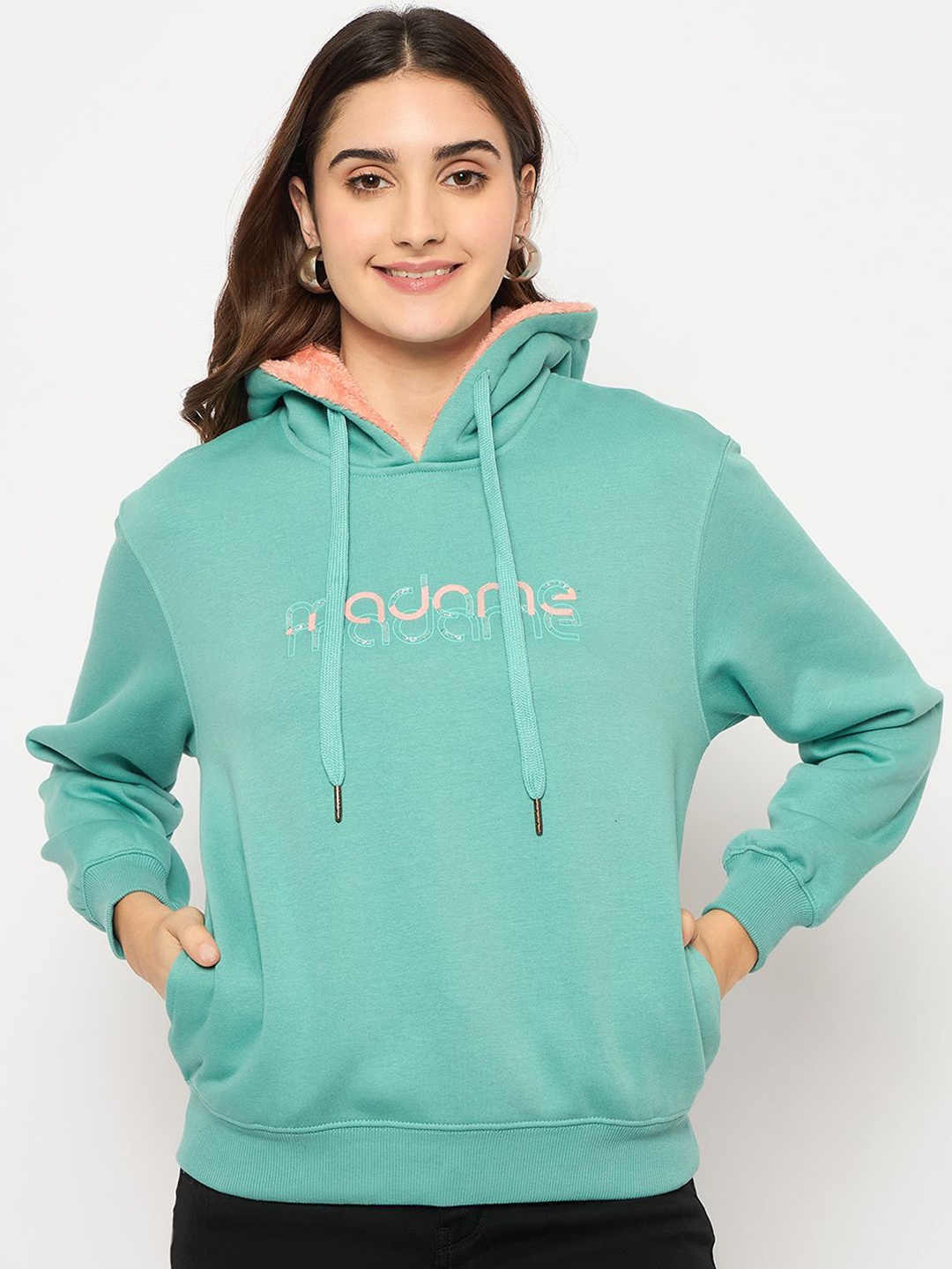 

Madame Women Printed Hooded Sweatshirt, Green