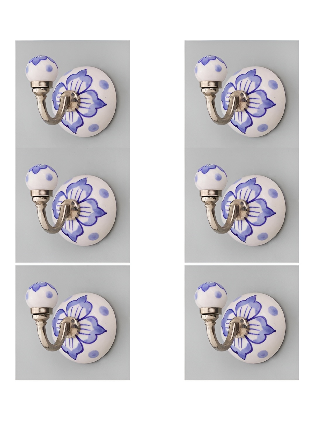 

IndianShelf White & Blue 6 Pieces Floral Printed Ceramic Wall Hooks