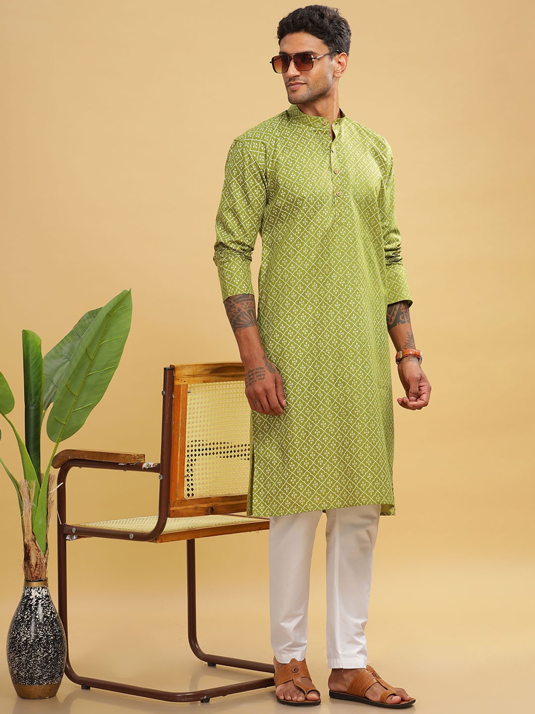 

Anouk Men Printed Ethnic Long Kurta, Green
