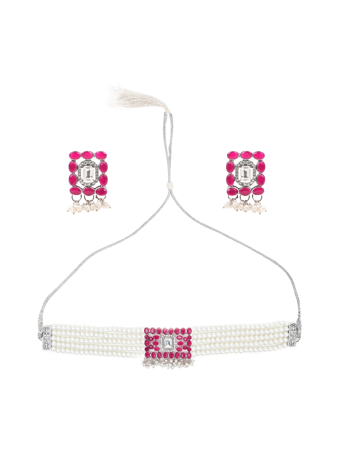 

SUNHARI Oxidized Stone Studded & Beaded Necklace & Earrings, Silver