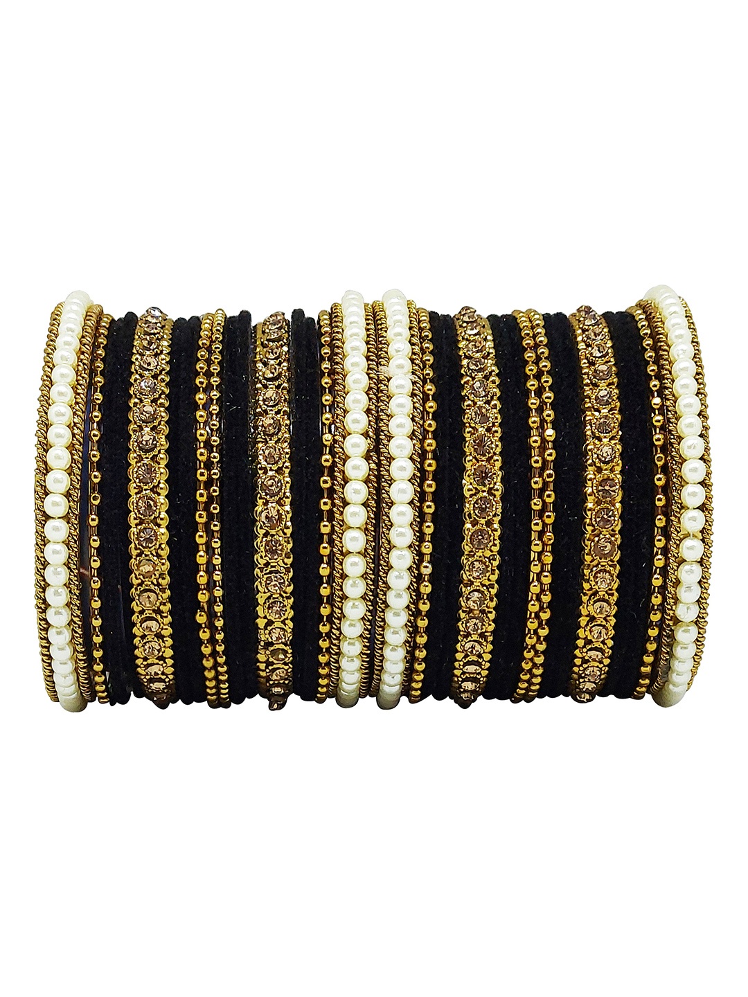 

CHRISHAN Set Of 32 Stone-Studded & Beaded Fabric Bangles, Black