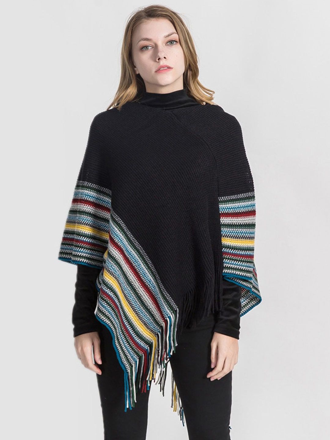 

LULU & SKY Women Striped Longline Poncho, Black