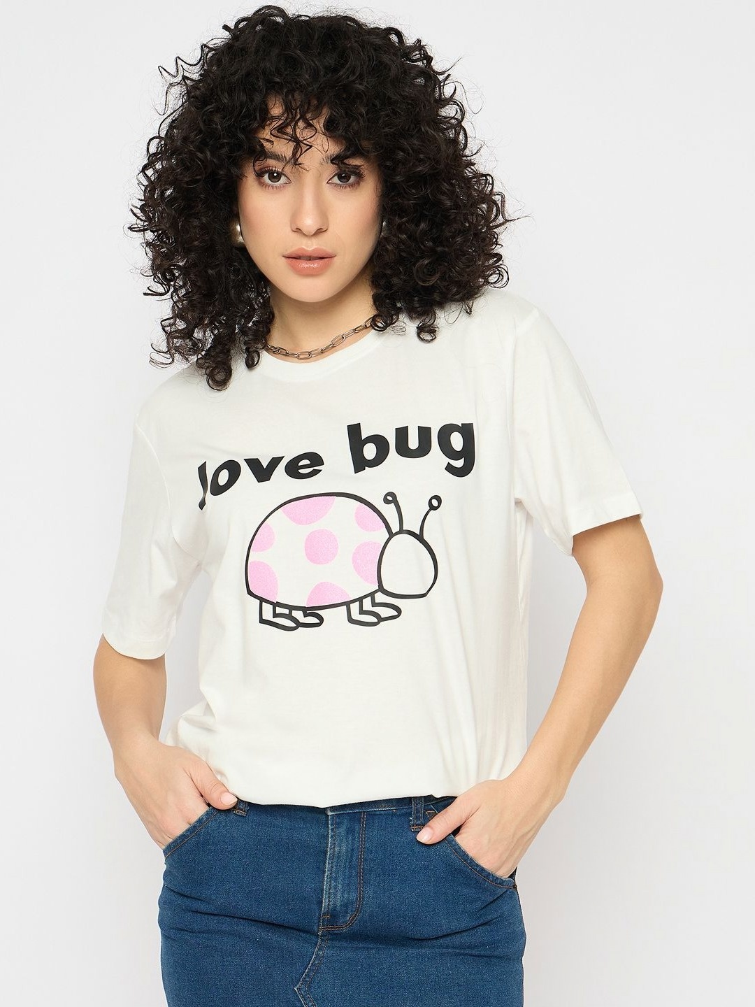 

Mast & Harbour Women Graphic Printed Round Neck Pure Cotton T-shirt, White