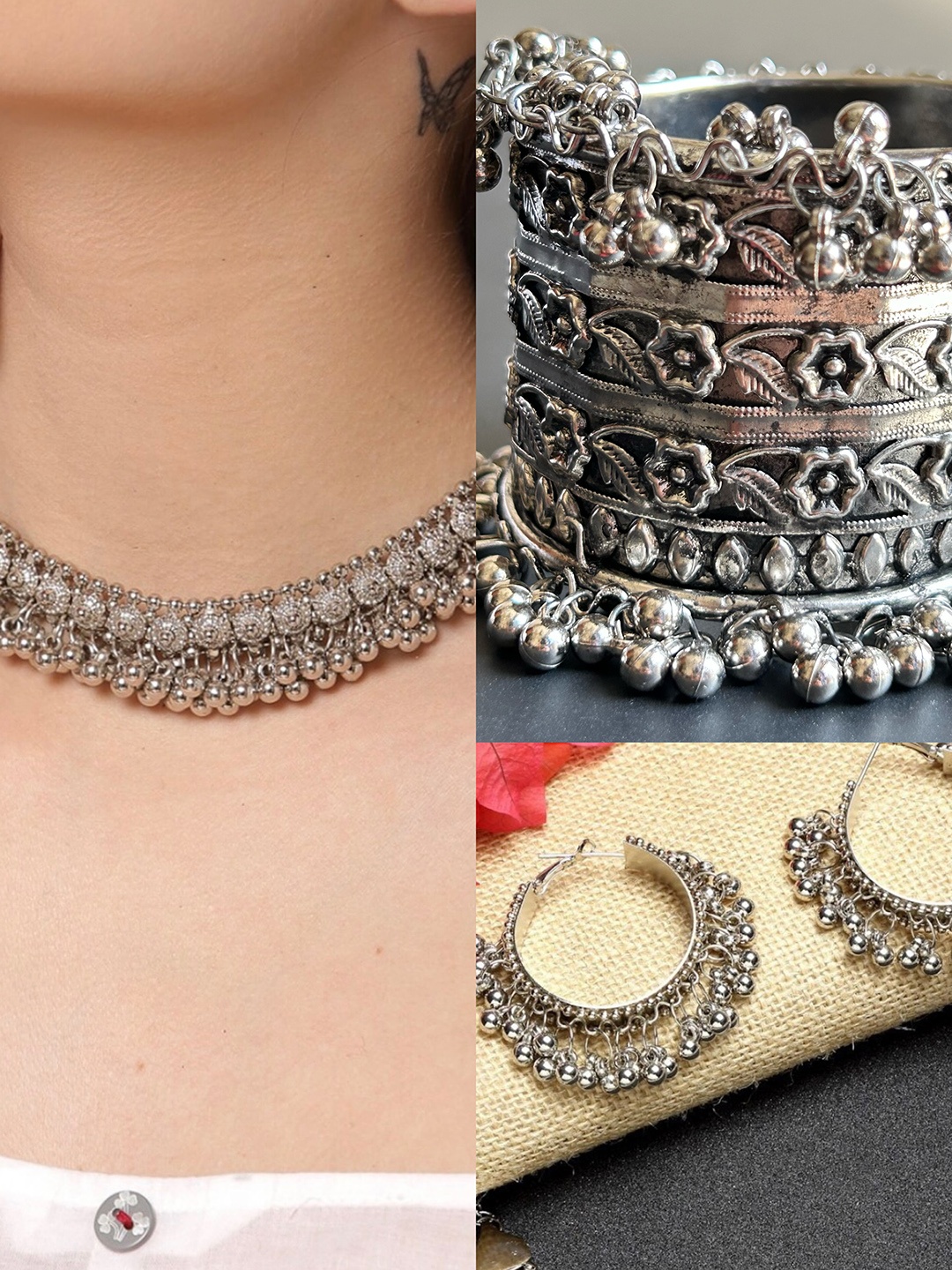 

SUNHARI Silver-Plated Beaded Necklace and Earrings With Kada Bracelet