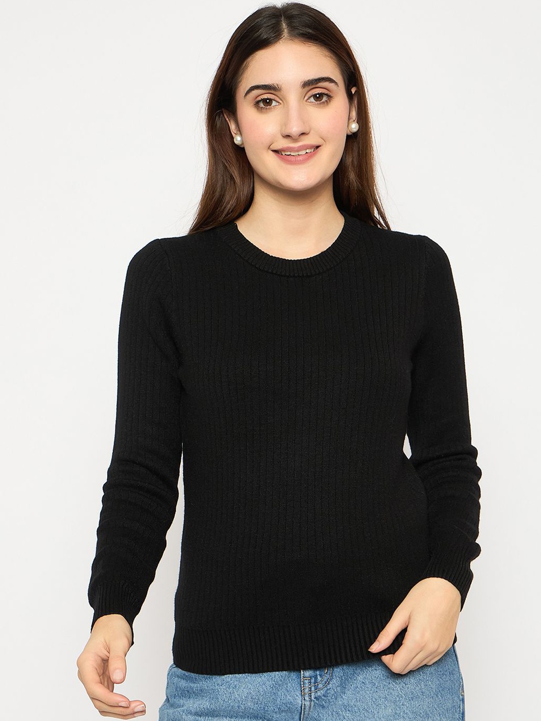 

Madame Women Ribbed Round Neck Pullover Sweater, Black