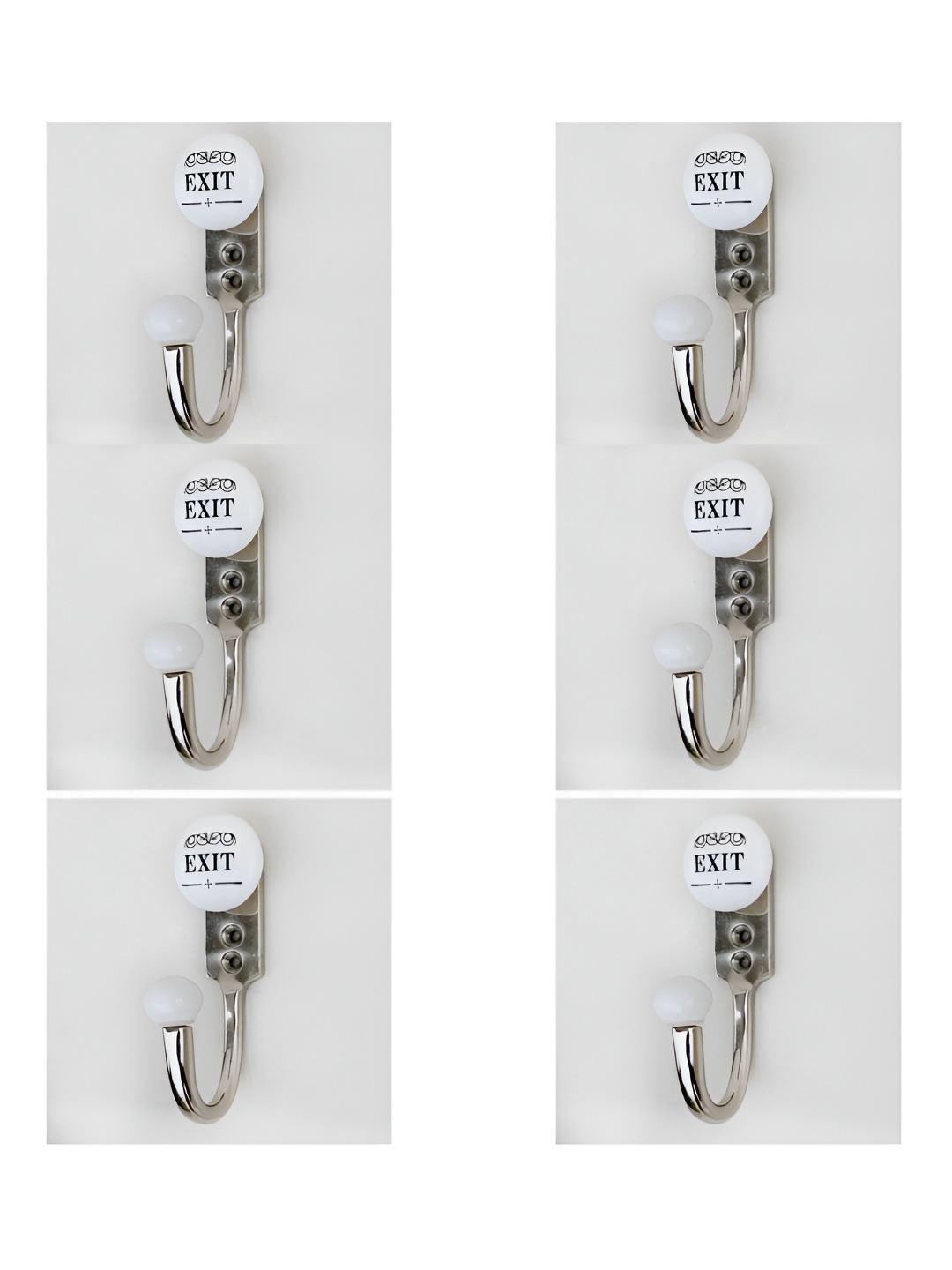 

IndianShelf Silver-Toned & White 6 Pieces Exit Printed Ceramic & Zinc Wall Hooks