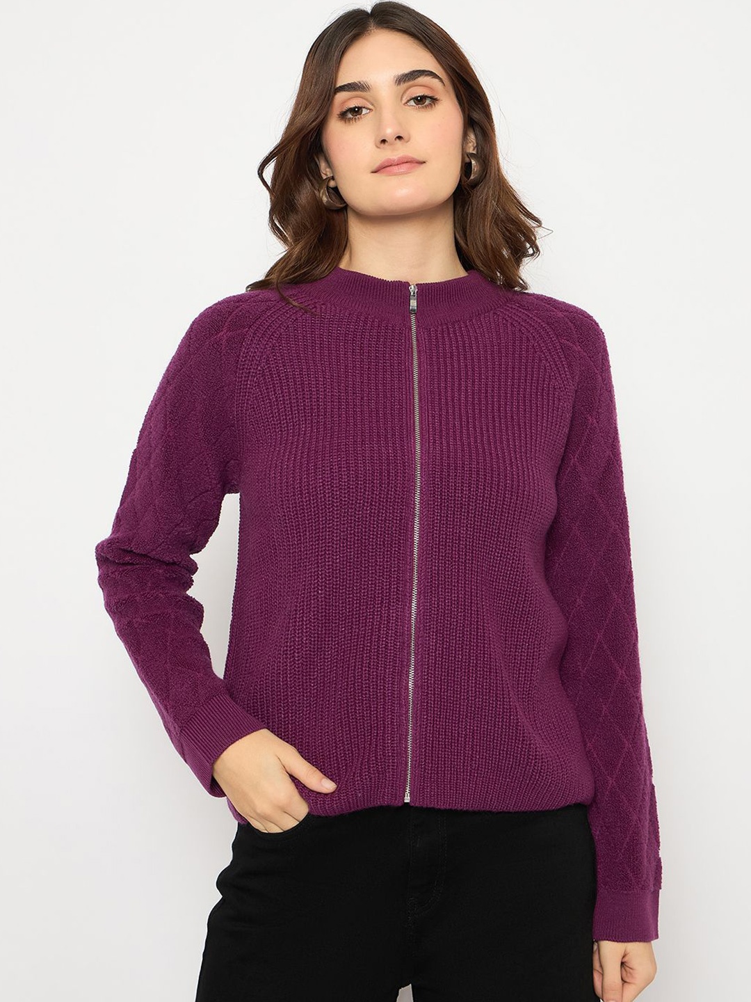 

Madame Women High Neck Long Sleeves Ribbed Cardigan, Purple