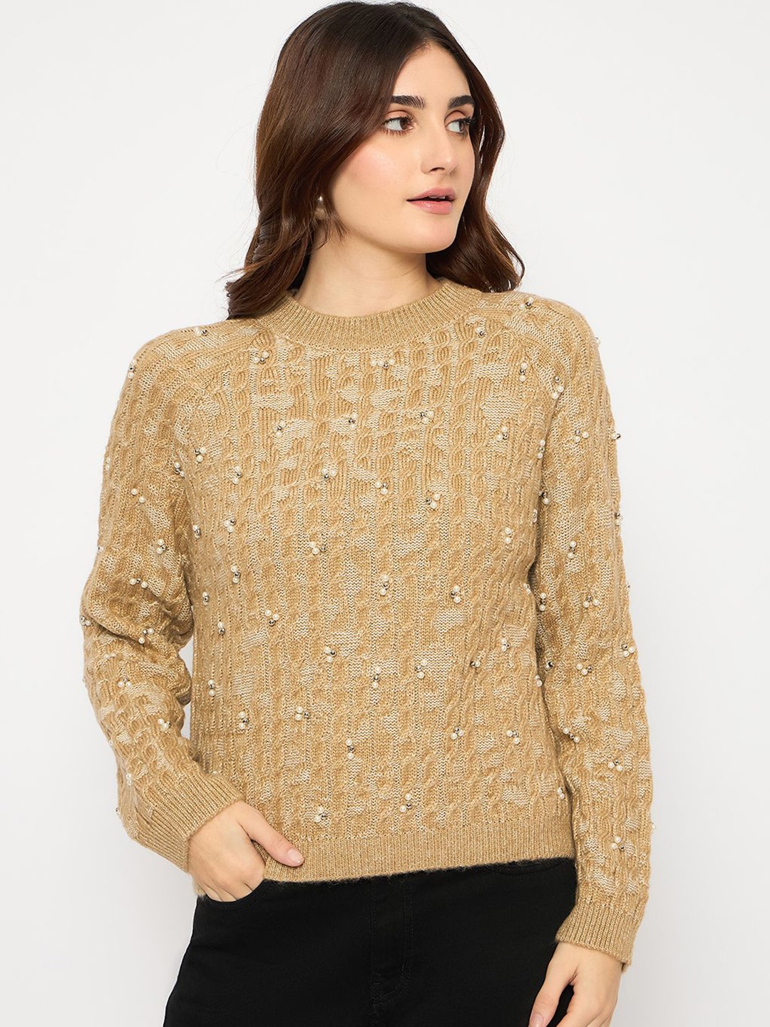 

Madame Women Self Design Embellished Pullover, Camel brown