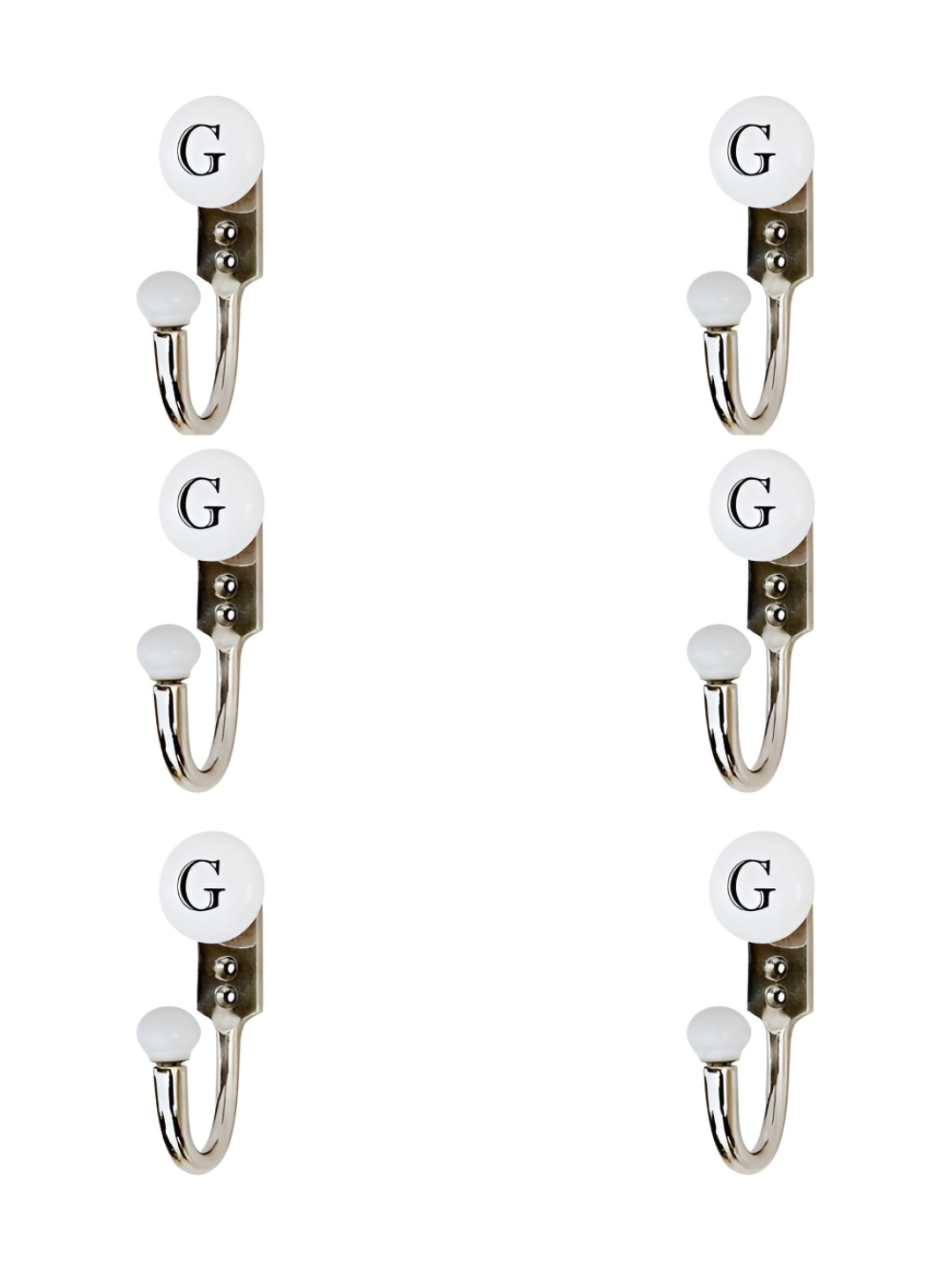 

IndianShelf White & Black 6 Pieces G Letter Printed Ceramic & Zinc Wall Hooks