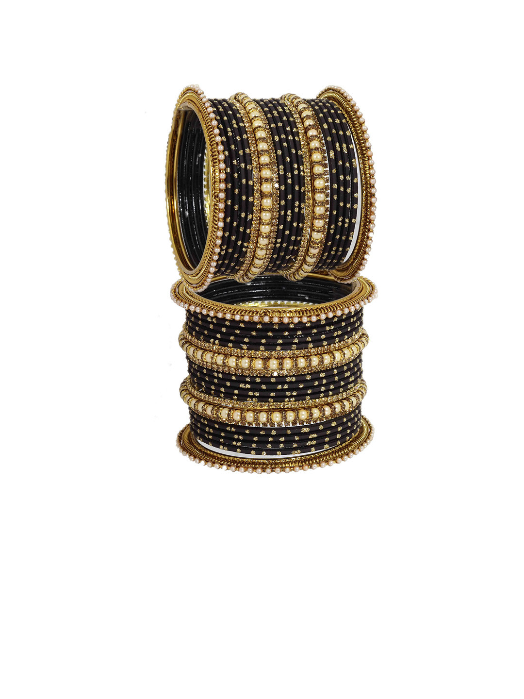

ZULKA Set of 40 Zircon Gemstone Pearls Studded Metal Bangles, Black