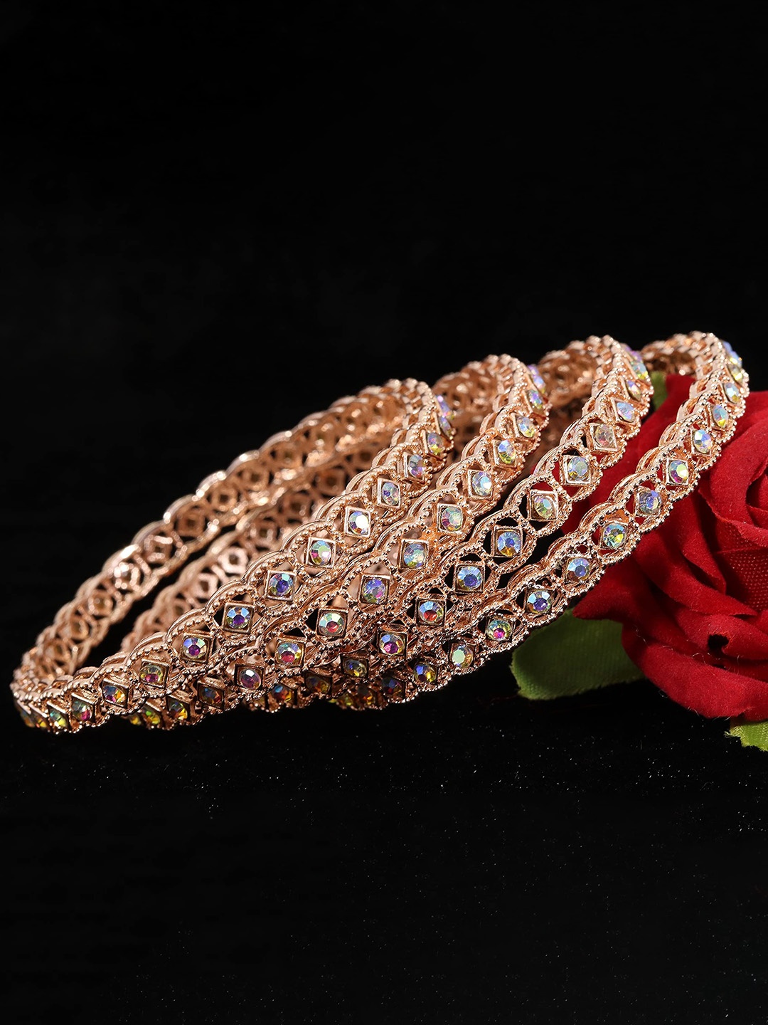 

ZULKA Set of 4 Premium Metal with Zircon Gemstone Kada Bangles, Rose gold