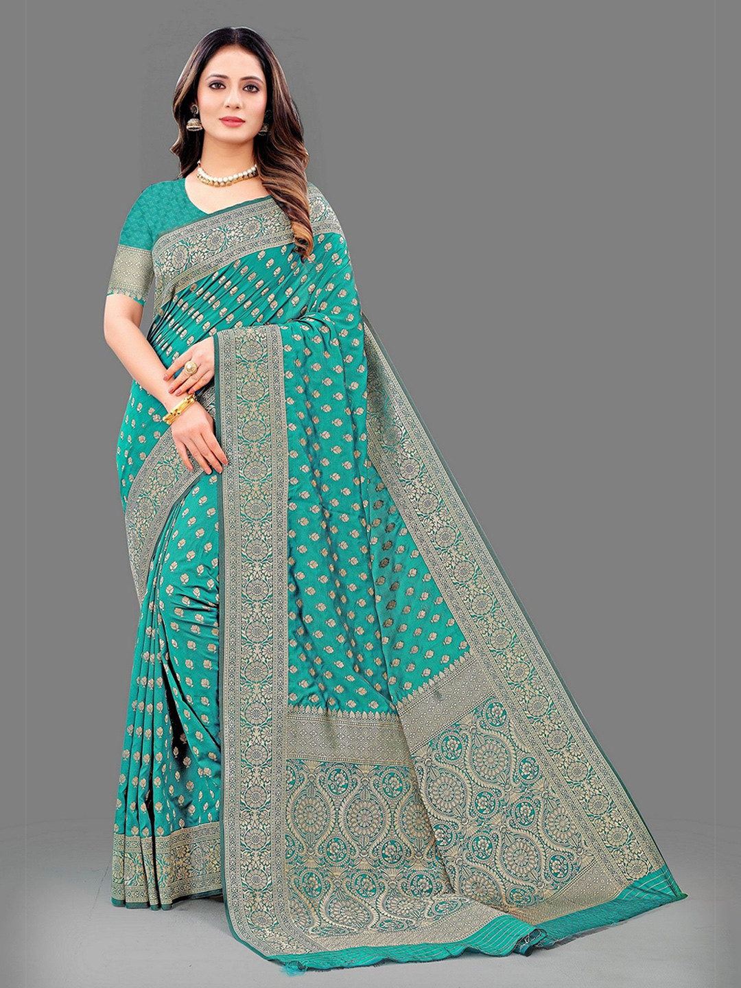 

VARNI FABRICS Woven Design Zari Pure Silk Banarasi Saree, Sea green