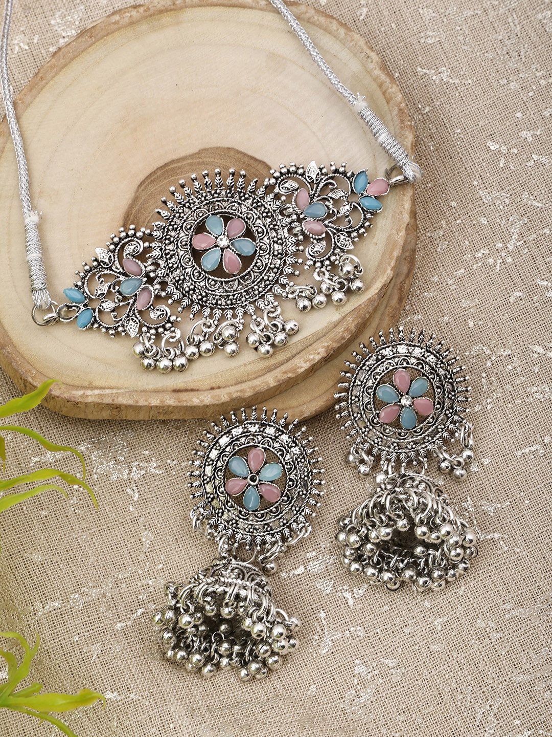

SUNHARI Stone Studded & Beaded Oxidised Choker Jewellery Set, Silver