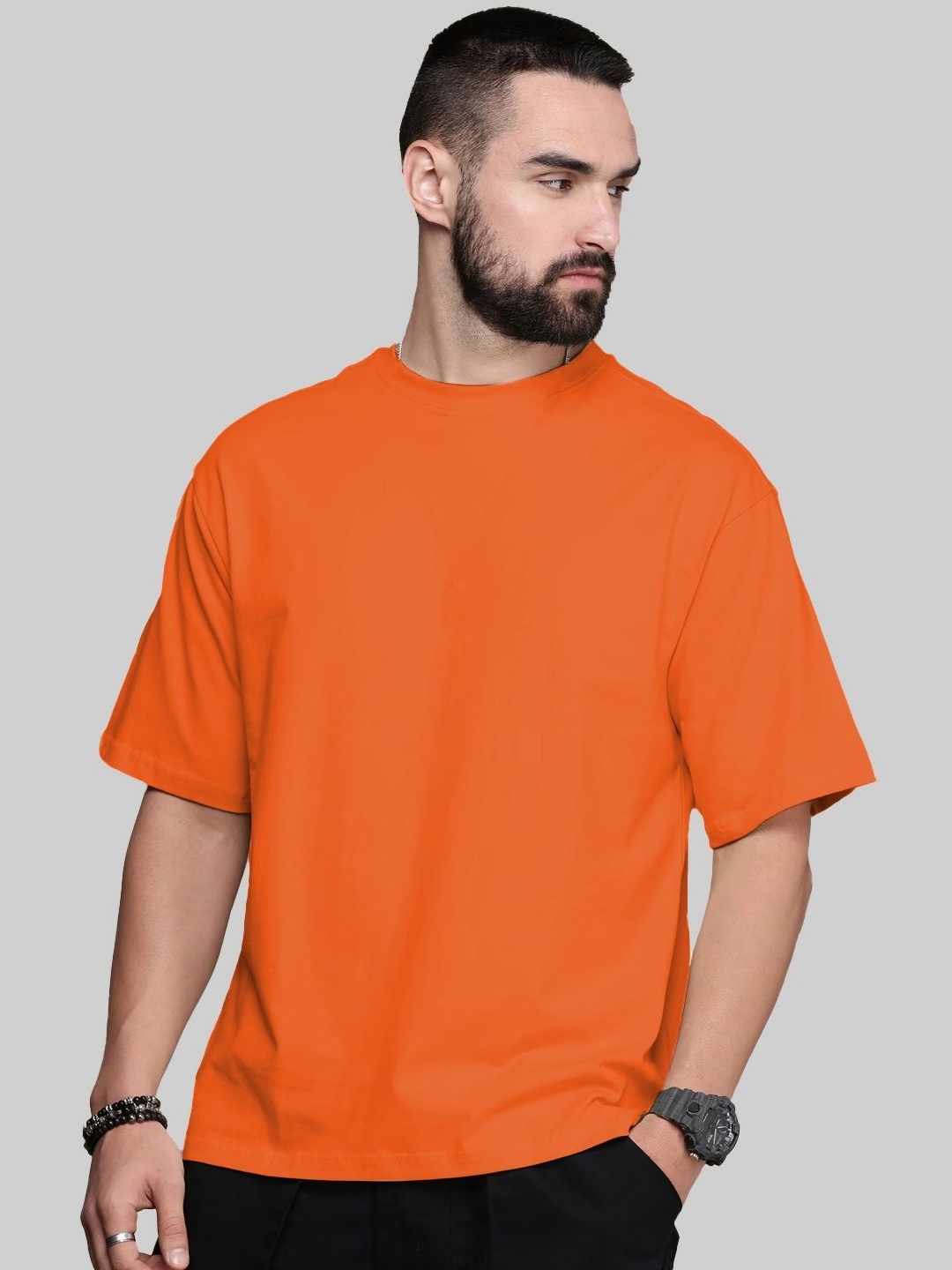 

Leotude Men Solid Round Neck Cotton Oversized T-shirt, Orange