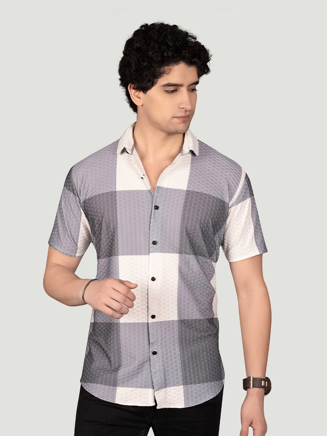 

ALMATY Men Comfort Slim Fit Checked Casual Shirt, Grey