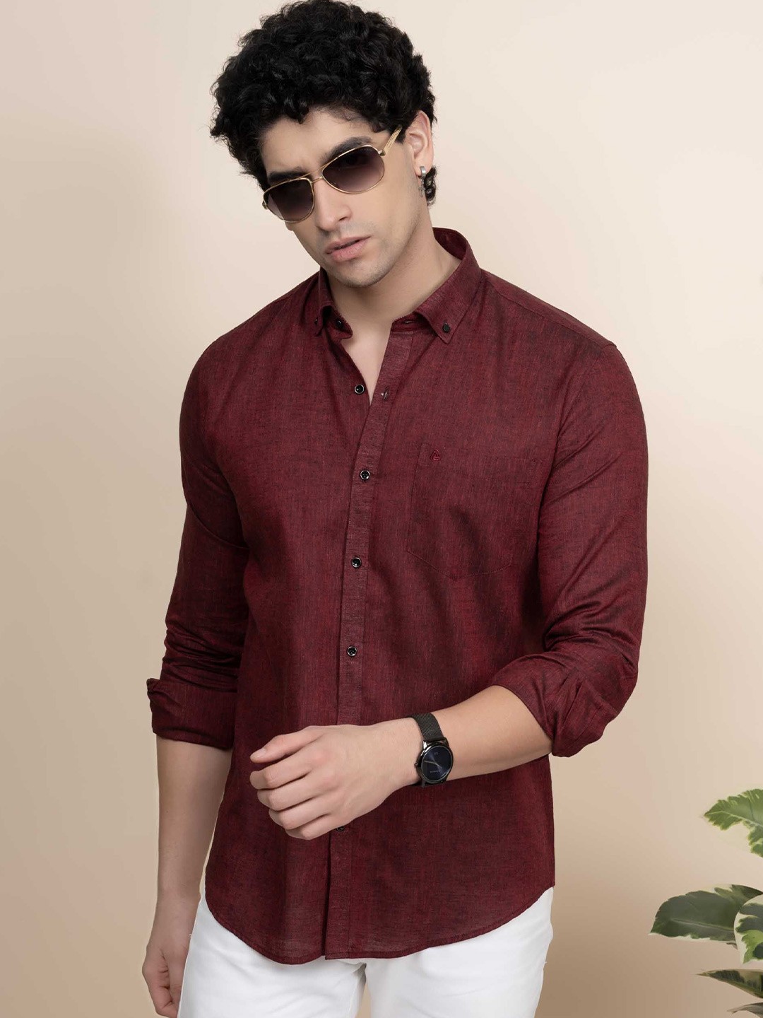 

ALMATY Men Comfort Button-Down Collar Solid Linen Casual Shirt, Maroon