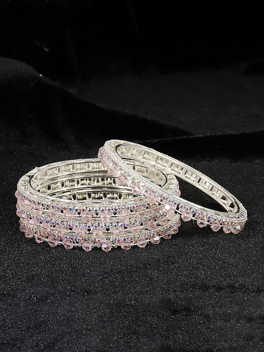 

ZULKA Set Of 4 CZ Stone Studded & Beaded Kada Bangles, Pink
