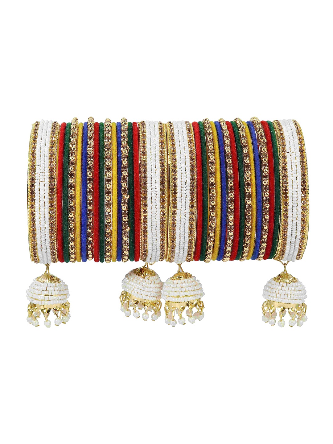 

ZULKA Set of 16 Metal with Zircon Gemstone and Velvet Adorned Bells Latkan Bangles, Blue