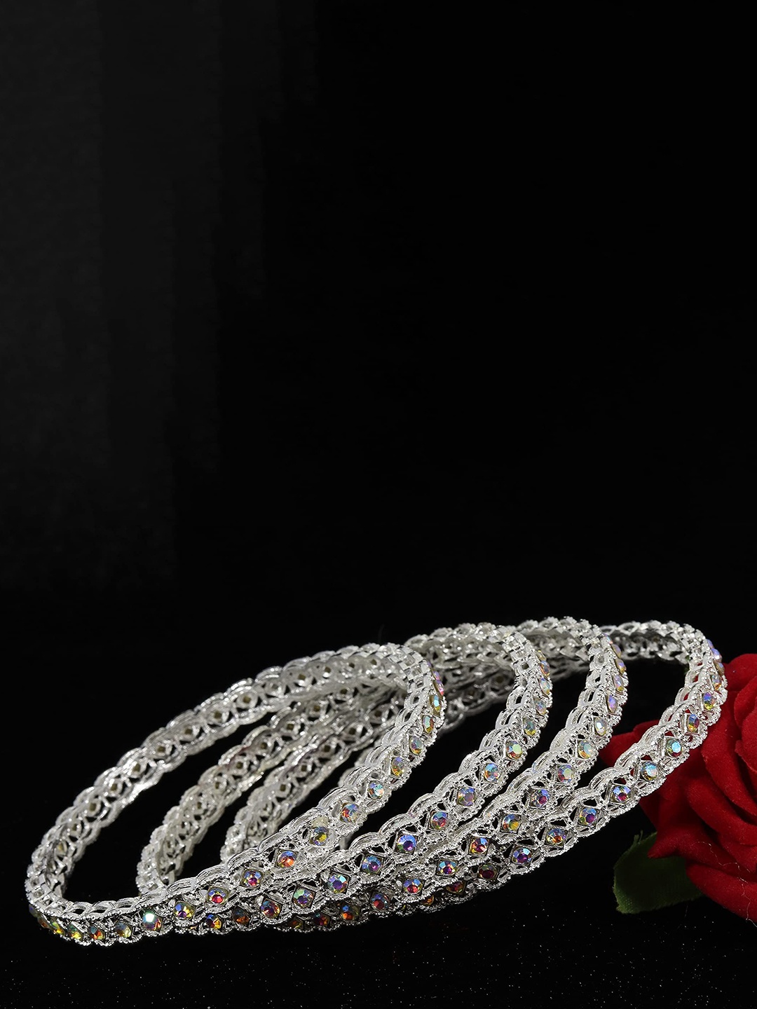 

ZULKA Set of 4 Metal Zircon Gemstone Kada Bangles, Silver