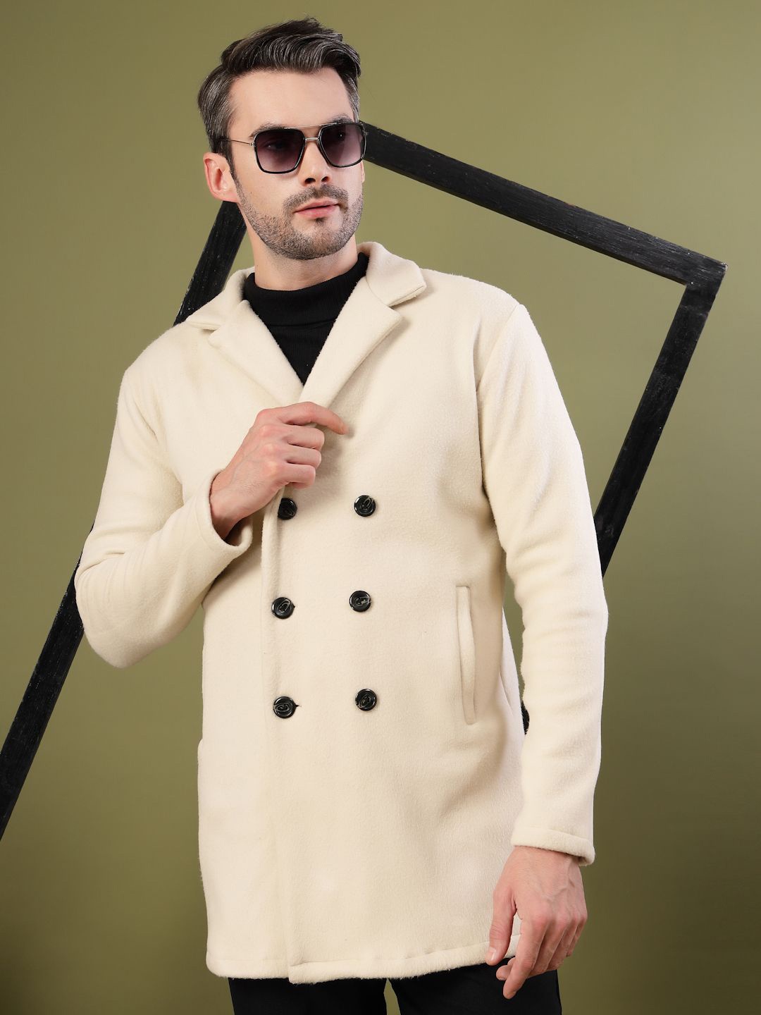 

Rigo Men Notched Lapel Double Breasted Overcoat, Beige