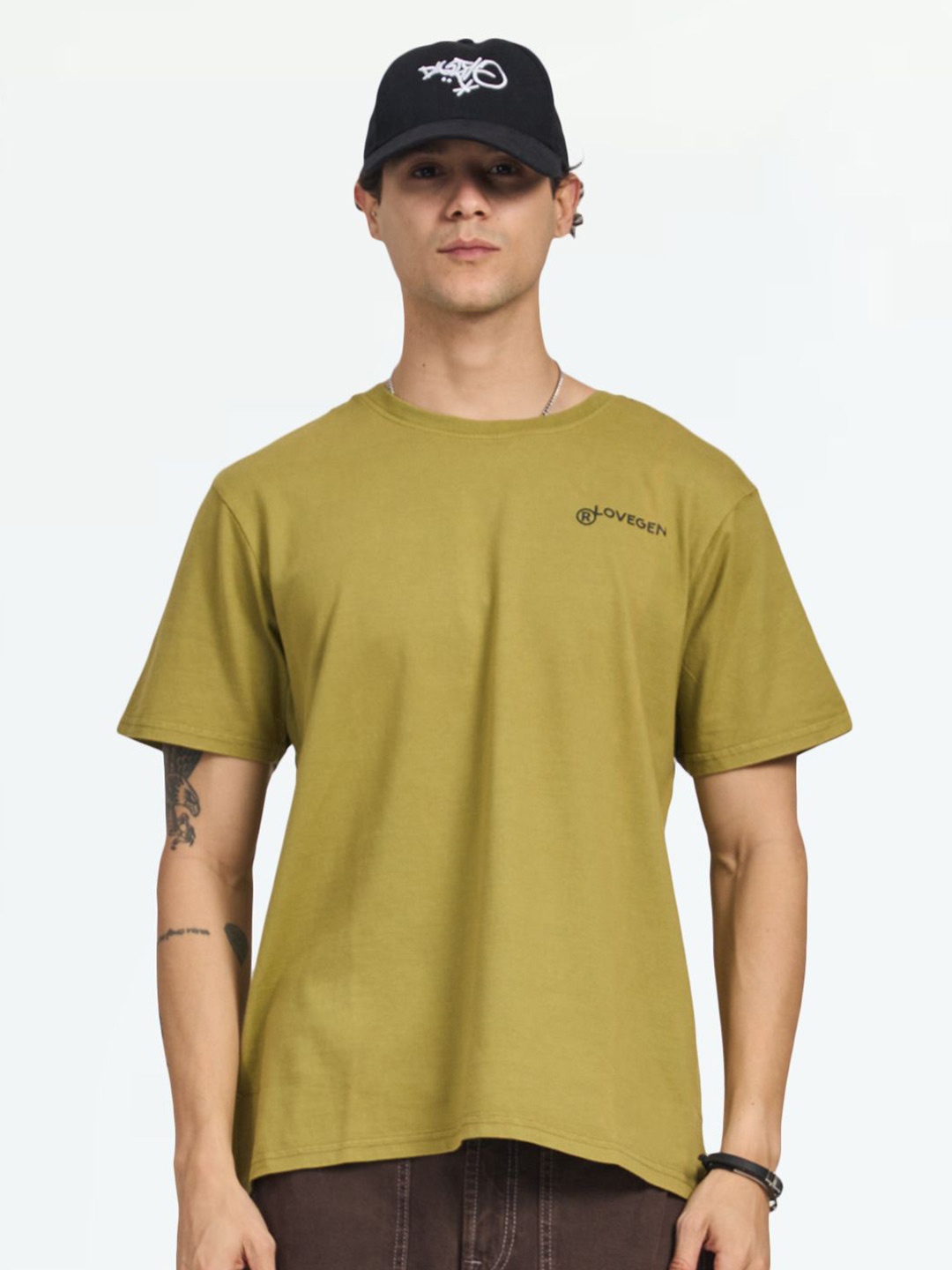 

LOVEGEN Men Typography Printed Round Neck Cotton Oversized T-shirt, Olive