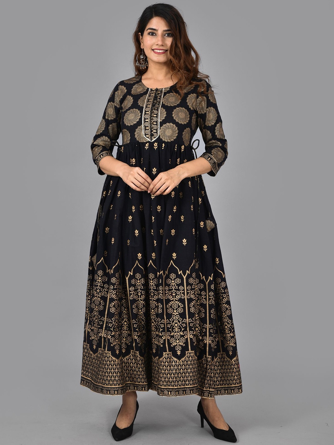 

KALINI Round Neck Floral Printed Liva Fit and Flare Ethnic Dress, Black