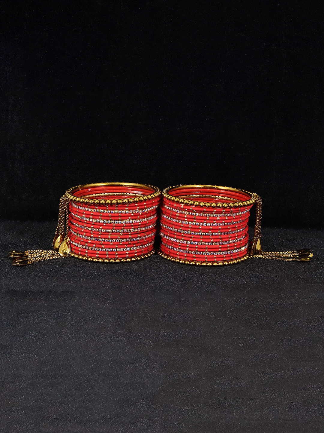 

Set of 42 Non-Precious Metal with Base Metal Zircon Gemstone Studded Velvet Bangle, Red