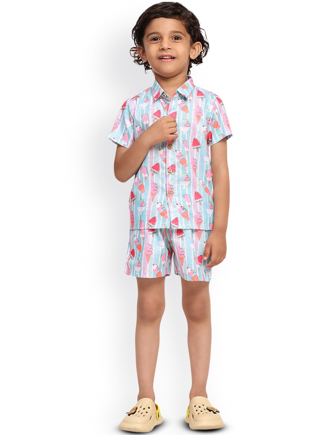 

Funny Bones Clothings Boys Printed Short Sleeves Linen Shirt With Shorts, Blue