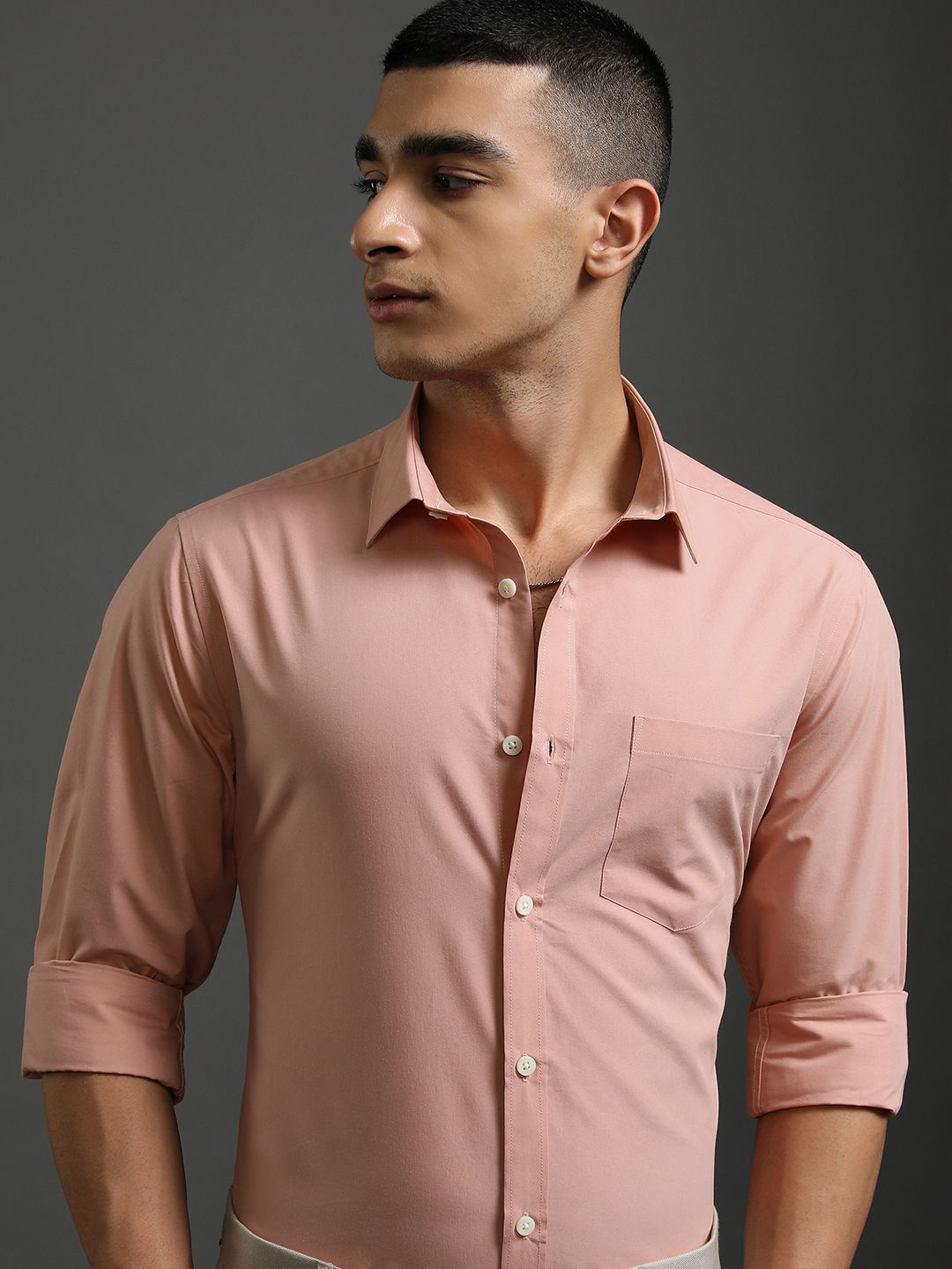

HIGHLANDER Men Spread Collar Solid Cotton Slim Fit Casual Shirt, Peach