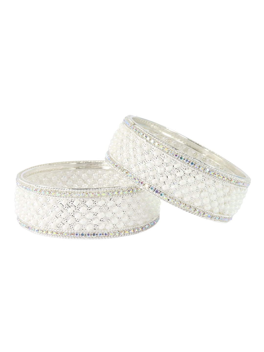 

ZULKASet of 2 Premium Metal White Moti Pearls & Diamond Kada Bangles, Silver