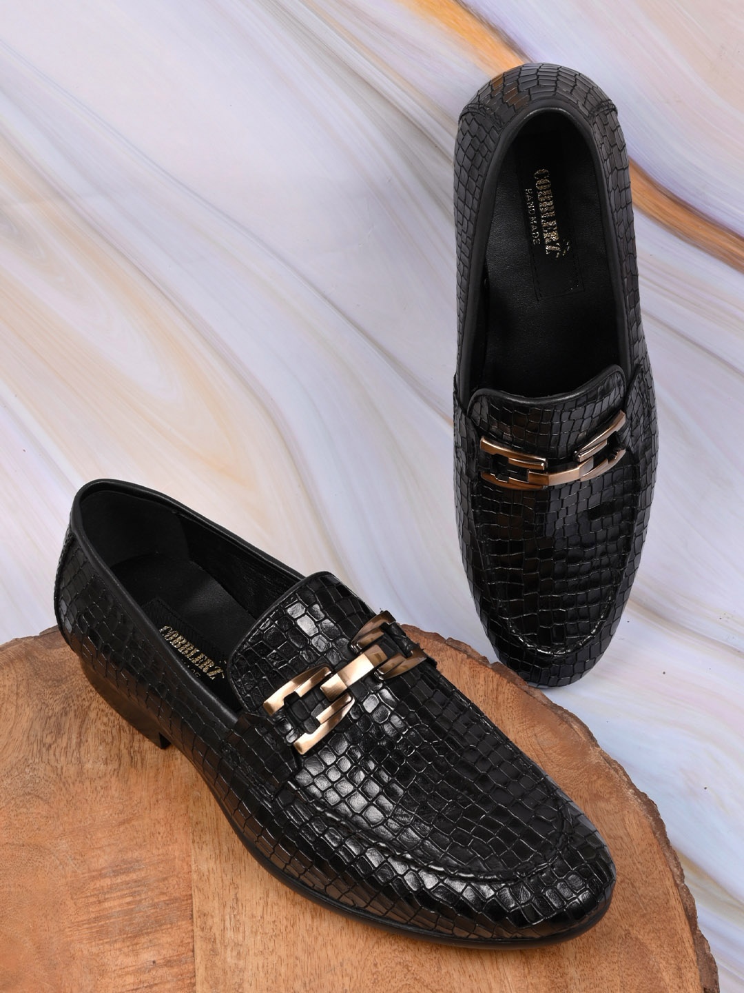 

Cobblerz Men Printed Leather Loafers, Black