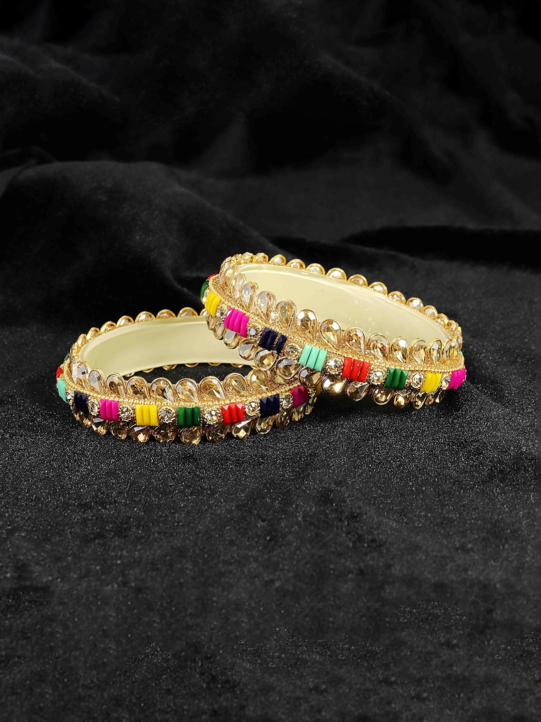 

ZULKA Pack Of 2 Kundan & Zircon Stone Stylish Glass Kada Bangles, Gold