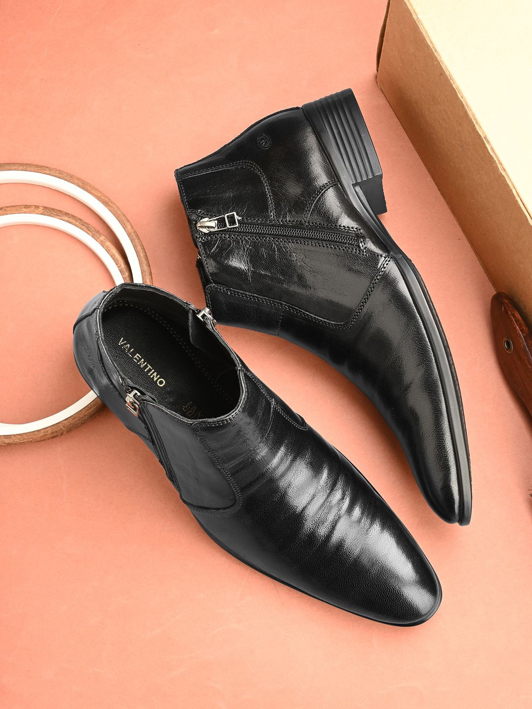 

Valentino Men Leather Pointed Toe Boots, Black